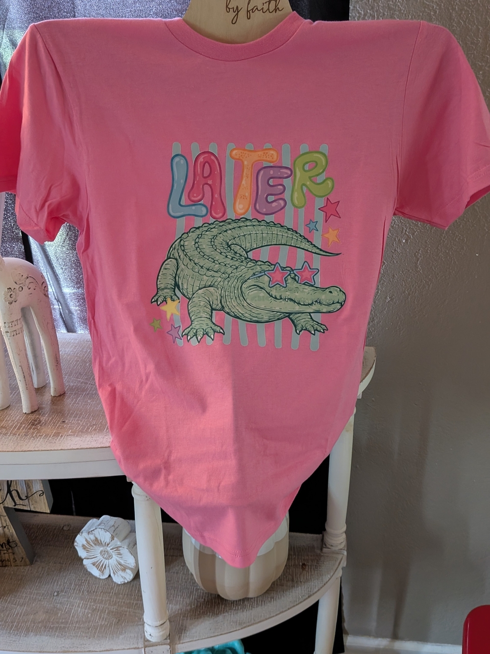 Gildan Pink Tee with Colorful 'Later' Alligator Graphic